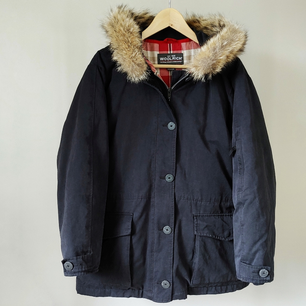 Woolrich Arctic Parka Duck Down Coat Coyote Fur Hood Size Large Black